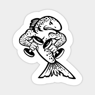 Muscular Brown Trout or Salmon Breaking Lifting Dumbbell Weights Cartoon Mascot Black and White Magnet