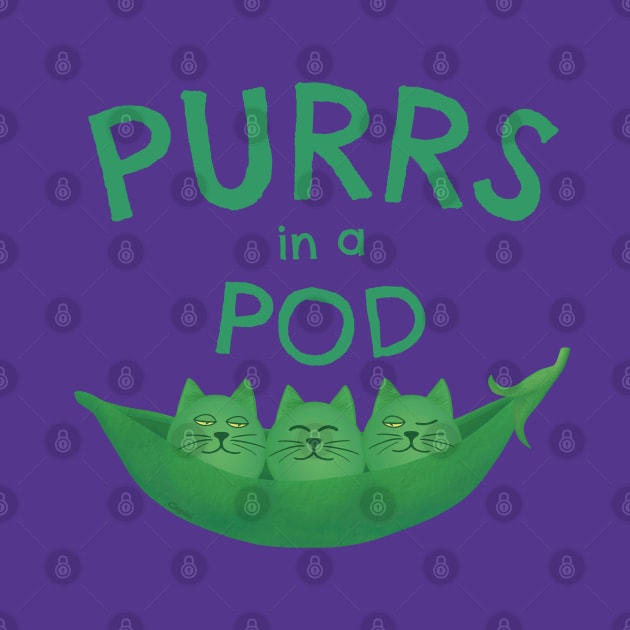 Purrs in a Pod – Cute Cartoon Drawing of Veggie Cat Peas by Crystal Raymond