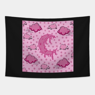 melting crescent moon cloud night pink polka dots Tapestry