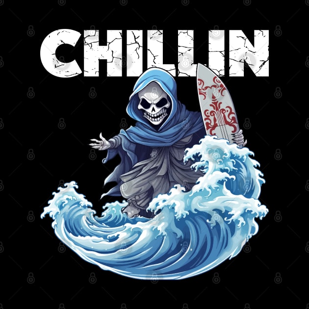 Skeleton Surfer - Chillin (White Lettering) by VelvetRoom