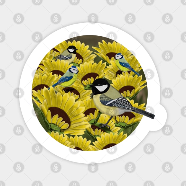 Titmice and Sunflowers Illustration Magnet by jzbirds