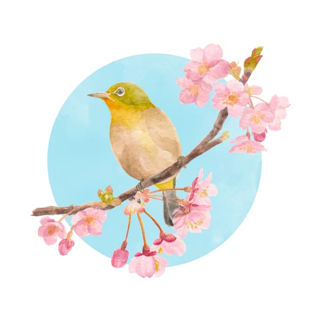 Cape White-eye with Sakura by Flowering Words