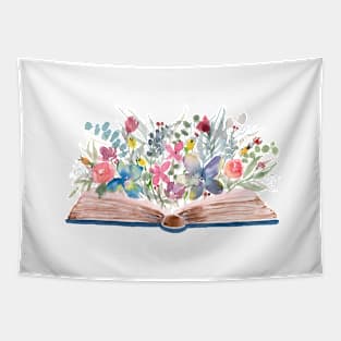 Watercolor Open Book with Florals Tapestry