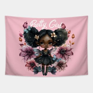 Pretty Black Girl Fairy with Pink Flowers Tapestry