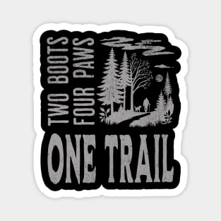 Hiking Trail T-Shirt - Man and Dog Adventure | Outdoors, Nature, Trekking Tee- 2 boots, 4 paws, 1 trail Magnet