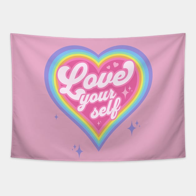 Love Your Self - Anti Valentine's Day Retro 90's Rainbow Heart Tapestry by PUFFYP