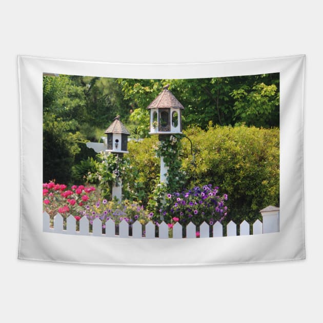 Birdhouse Flower Garden Tapestry by Cynthia48