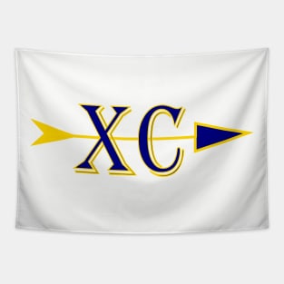 Cross country logo XC with and arrow in Blue and gold colors Tapestry