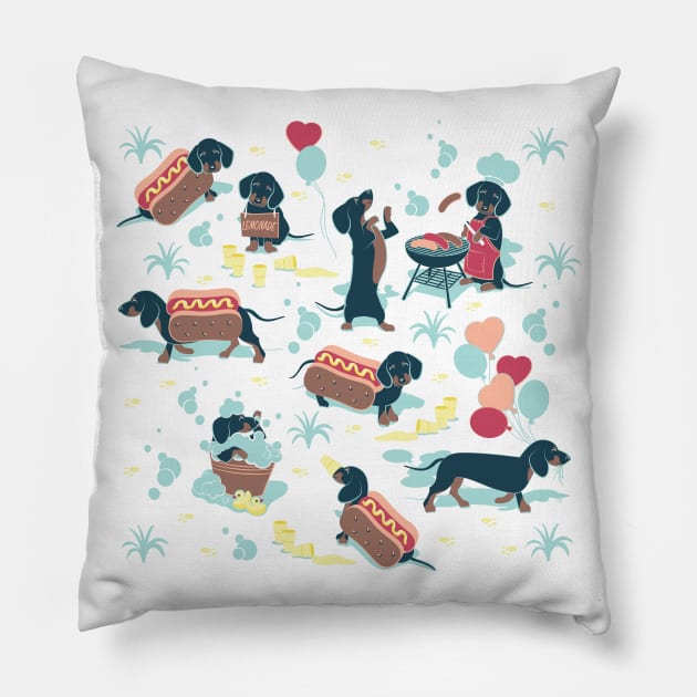 Hot dogs and lemonade // aqua green background navy and brown dachshunds Pillow by SelmaCardoso