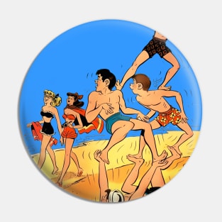 sporty boys playing on the beach by the sea see two beautiful pin up girls Pin