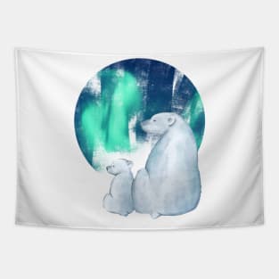 Northern Lights Aurora Borealis Cute Polar Bear Mama and  Cub Tapestry