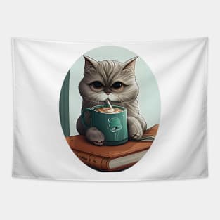 Funny Cat Drink Coffee And Reading Book Tapestry