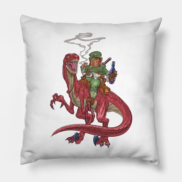 Leprechaun on a Velociraptor Pillow by AyotaIllustration