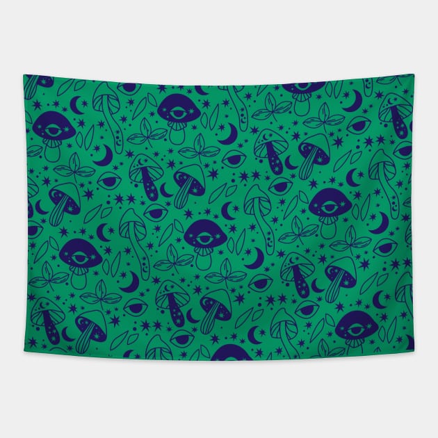 Cottagecore Mushroom Moon Green Pattern Tapestry by Hypnotic Highs
