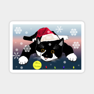 : Cute Tuxedo cat wishing Merry Christmas or Merry Catmas .Copyright TeAnne Magnet