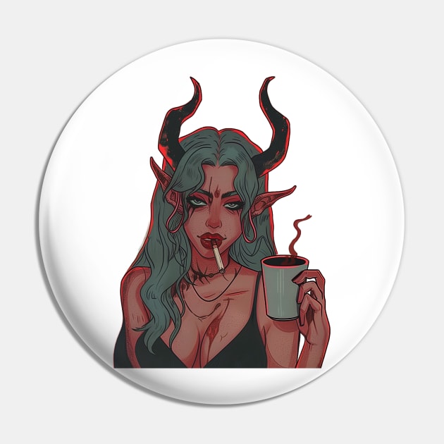 Devil Girl Smoking Cigarette and Coffee Pin by Vlaa