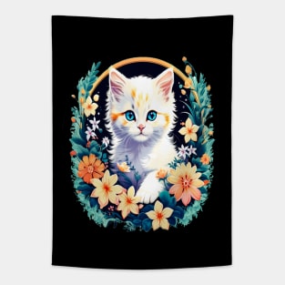 Beautiful white ktiten surrounded by spring flowers Tapestry