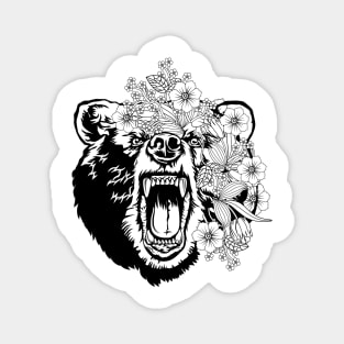 Fierce Roaring Bear with Flowers in Hair Magnet