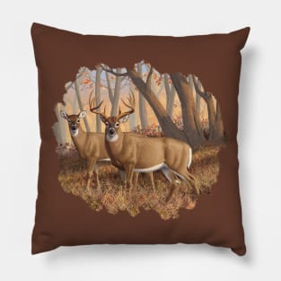 Whitetail Deer Buck and Doe in Autumn Woods Pillow