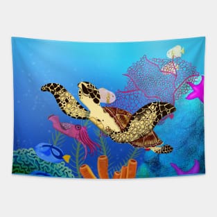 Marine Turtle Swimming Over a Coral Reef Tapestry