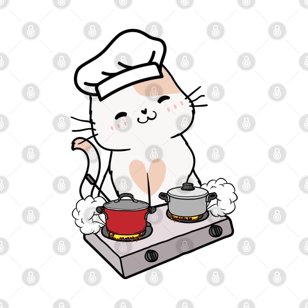 Funny white Cat is cooking by Pet Station