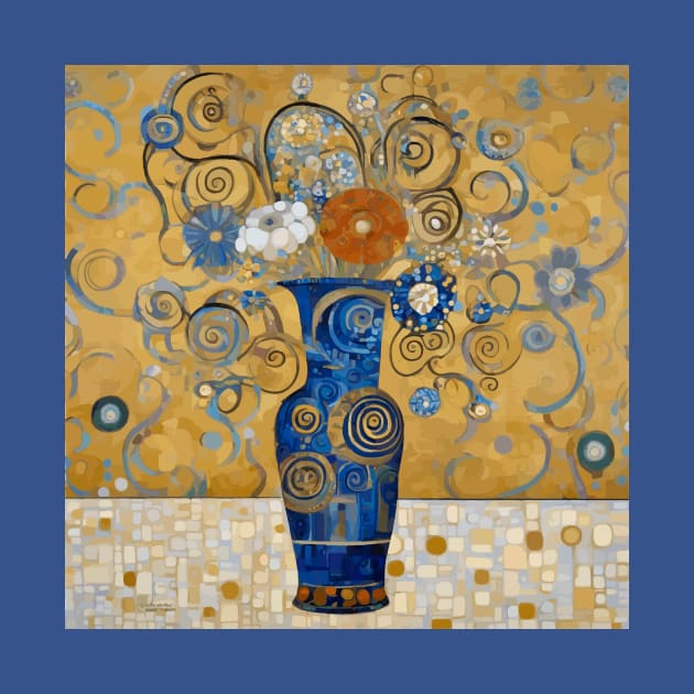 Modern Still Life Painting with Flowers in a Blue and Gold Decorative Vase by bragova