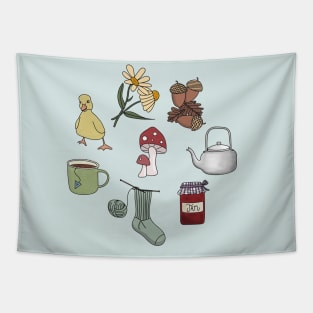 Cottagecore Starter Pack - Cottage Lifestyle Acorns, knitting, jam, duckling, daisy, kettle and enamel camping cup Tapestry