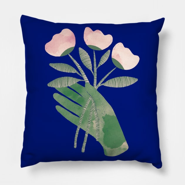 Green hand with powder pink flowers for you version 2 Pillow by iulistration