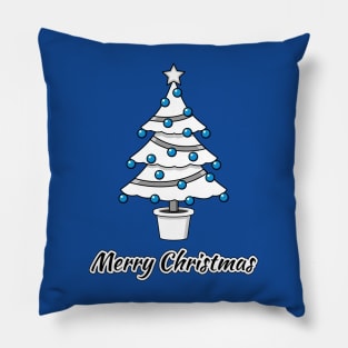 Elegant White Christmas Tree with Blue Decorations - Merry Christmas Pillow