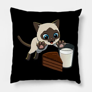 Siamese Cat excited to have Chocolate Cake with Milk Pillow