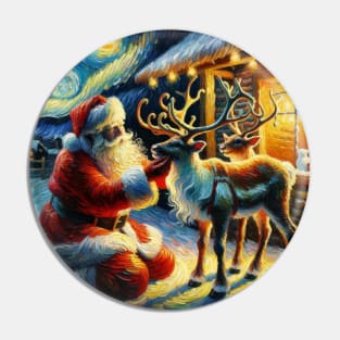 Santa & Reindeer Under Starry Skies - Van Gogh-Inspired Art Prints Pin