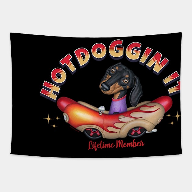 Landis Dachshund in Hot Dog Car Tapestry by Danny Gordon Art