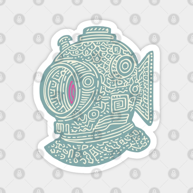Stylized Fish Diver Helmet Woodcut Magnet by TuncGK