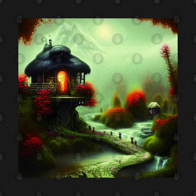 Sparkling Fantasy Cottage with Lights and Glitter Background in Forest, Scenery Nature by Promen Art