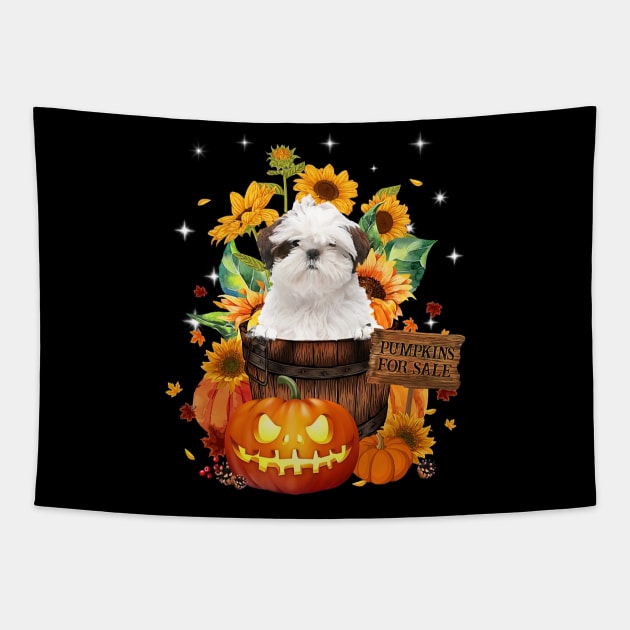 White Shih Tzu Halloween Pumpkin Fall Bucket Tapestry by nakaahikithuy