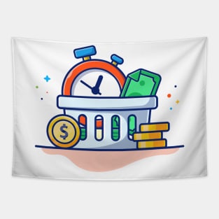 Stack of coin with timer and money box cartoon Tapestry