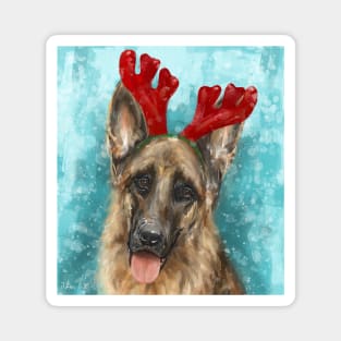 Painting of a German Shepherd With Red Reindeer Antlers Magnet