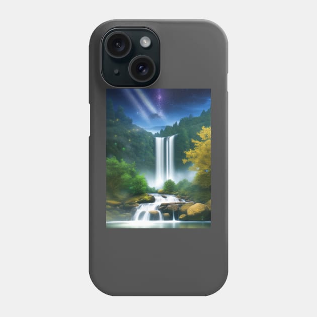 forest waterfall under starry sky Phone Case by Vermillionwolf