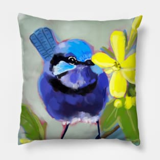 Splendid fairywren on golden currant branch Pillow