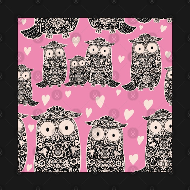 Folk Art Owls and Owlets with hearts on pink by NattyDesigns