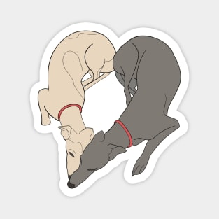 Adorable Greyhound dog design shaped in a heart with the word love inside, with a grey and a fawn greyhound with red collar details Magnet