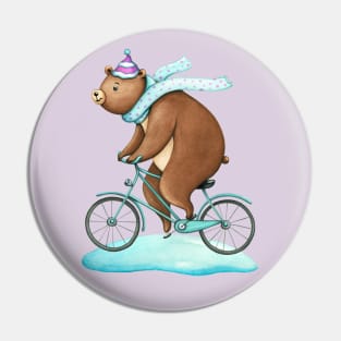 Happy brown bear on a bicycle Pin