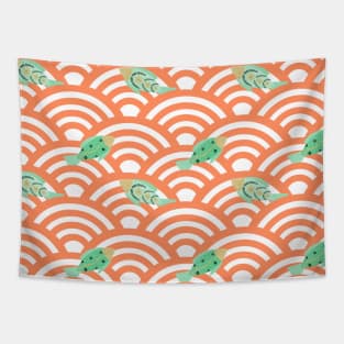 Green fishes in orange seigaiha waves Tapestry