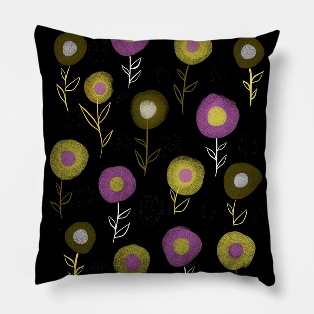 Dark Floral Pattern - Yellow Pink Round Flowers Pillow by Boriana Giormova