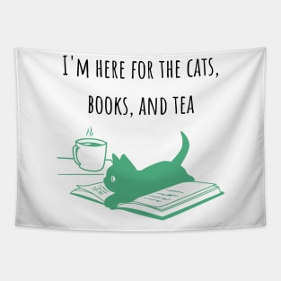 Cat, Books, and Tea Green Tapestry