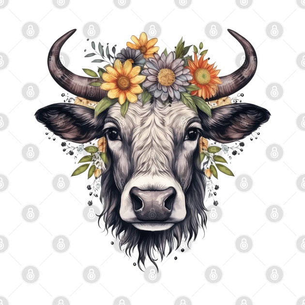 Black Cow with Flowers # by Chromatic Fusion Studio