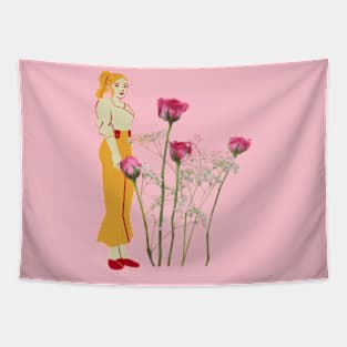 Yellow girl and Red rose t-shirt Tapestry