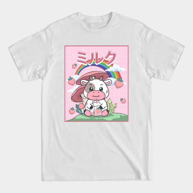 Discover Cottagecore Aesthetic Cow Drinking Strawberry Milk - Cottagecore - T-Shirt