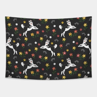 Happy Siberian Husky Playing with Balls - Black Tapestry