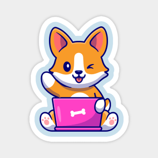 Cute Corgi Dog Working On Laptop Cartoon Magnet